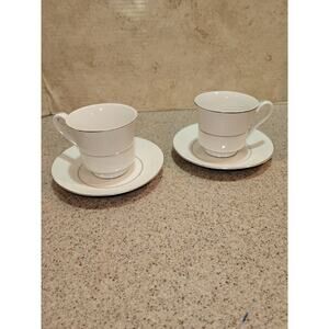 HD Fine China Set Of 2 Cups And Saucers Footed Cut Floral Lace Pattern Silver...